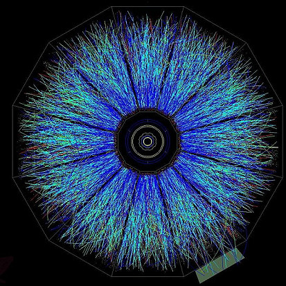 Cząstki powstałe w wyniku zderzenia atomów złota w detektorze RHIC (Relativistic Heavy Ion Collider) w Upton. Podobny obraz powstałby podczas anihilacji miniaturowej czarnej dziury.